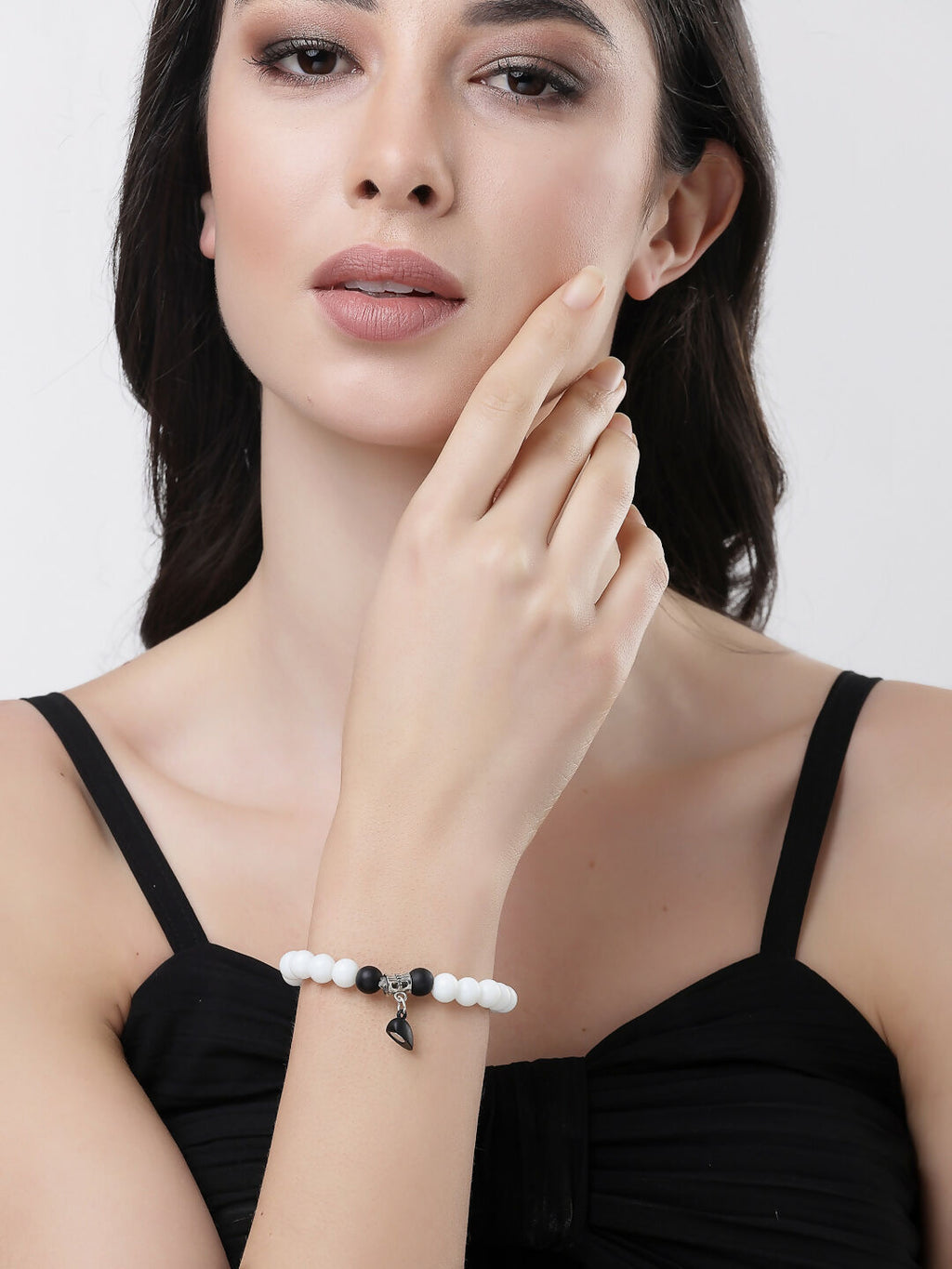 NVR Men & Women Set of 2 Black & White Onyx Handcrafted Elasticated Bracelet | Grab2Buy