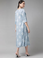 Yufta Women Blue & White Floral Printed Ethnic A-Line Midi Dress with Jacket | Grab2Buy