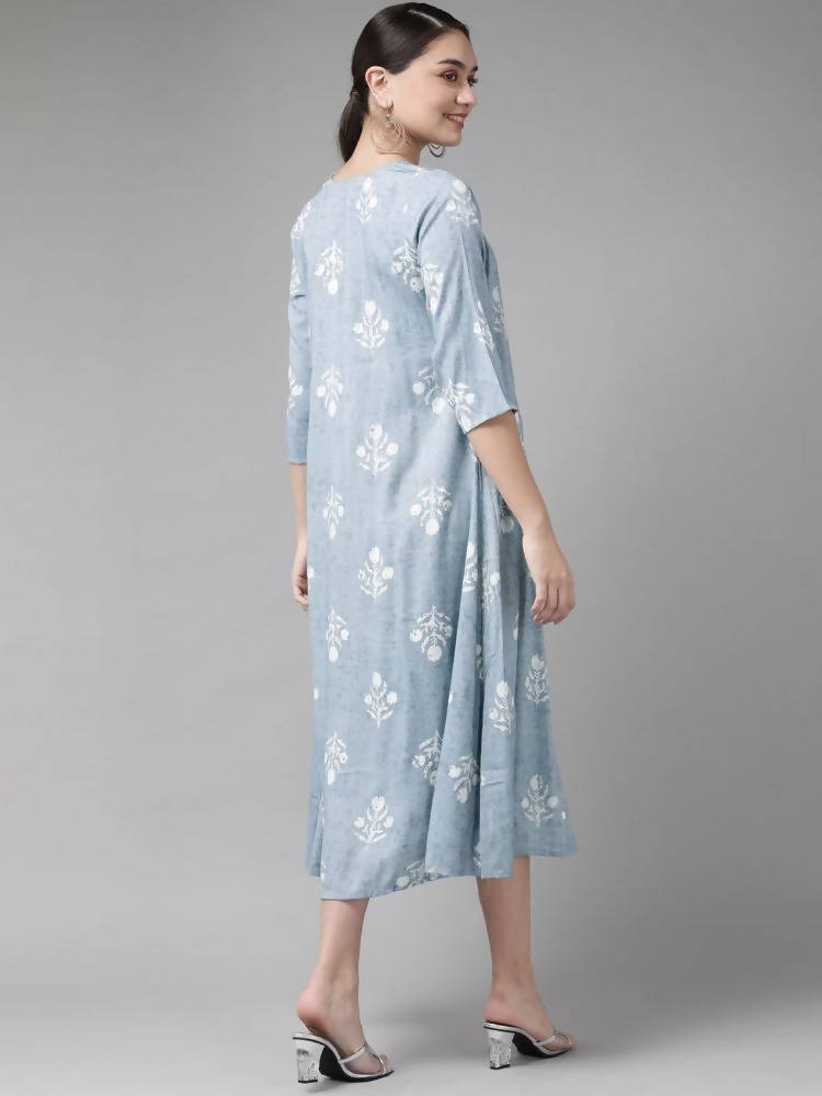 Yufta Women Blue & White Floral Printed Ethnic A-Line Midi Dress with Jacket | Grab2Buy