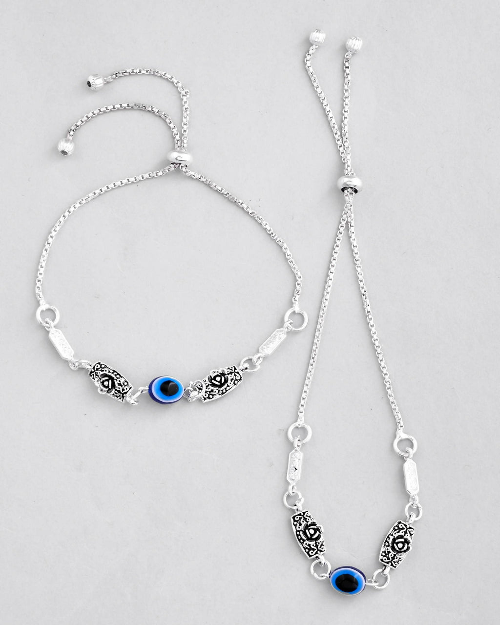 VOJ Set of 2 Silver Plated Flower And Evil Eye HandCrafted Anklet | Grab2Buy