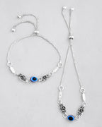 VOJ Set of 2 Silver Plated Flower And Evil Eye HandCrafted Anklet | Grab2Buy
