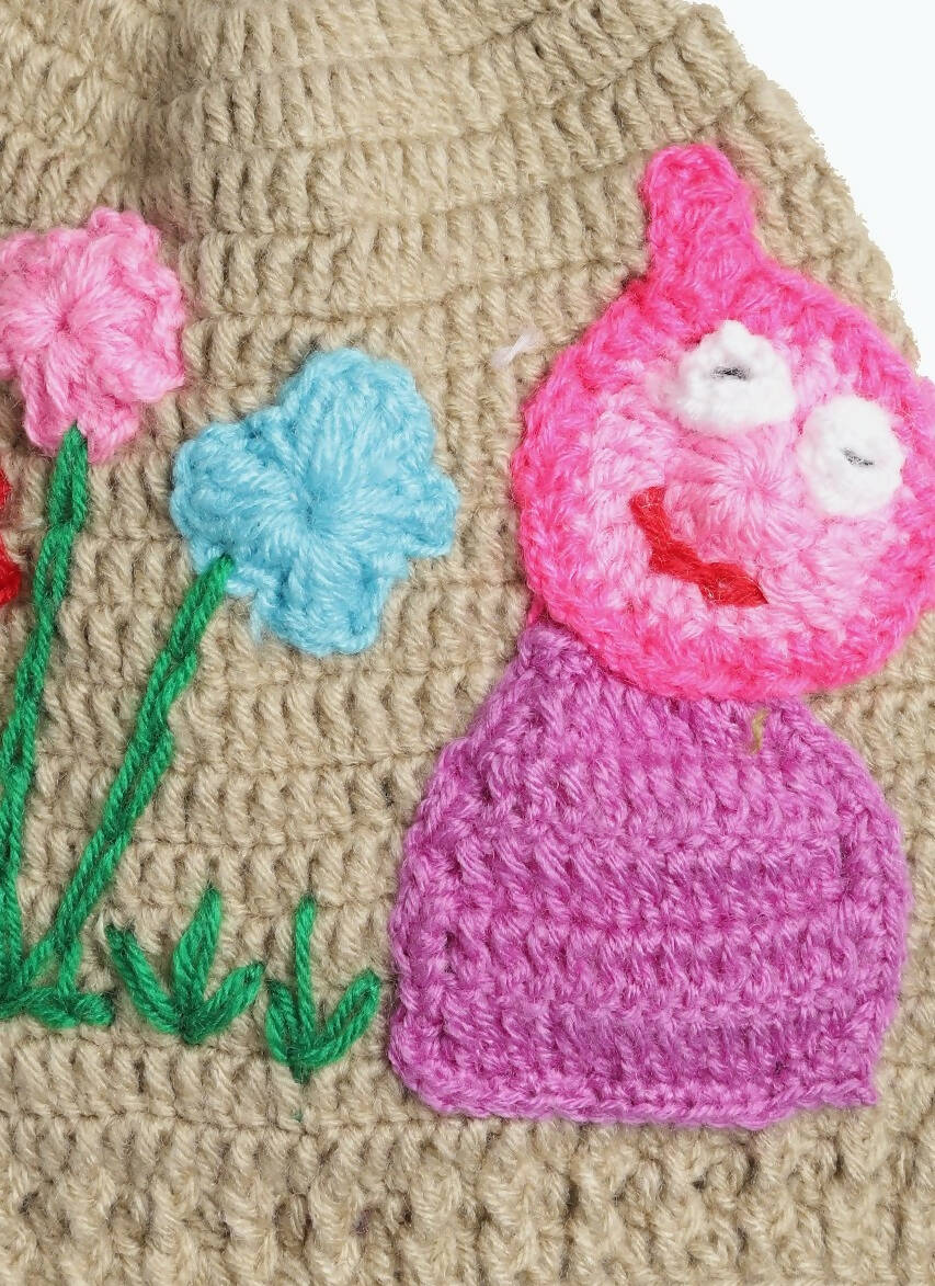 Chutput Kids Woollen Hand Knitted Flower And Animal Detail Cap - Beige | Grab2Buy