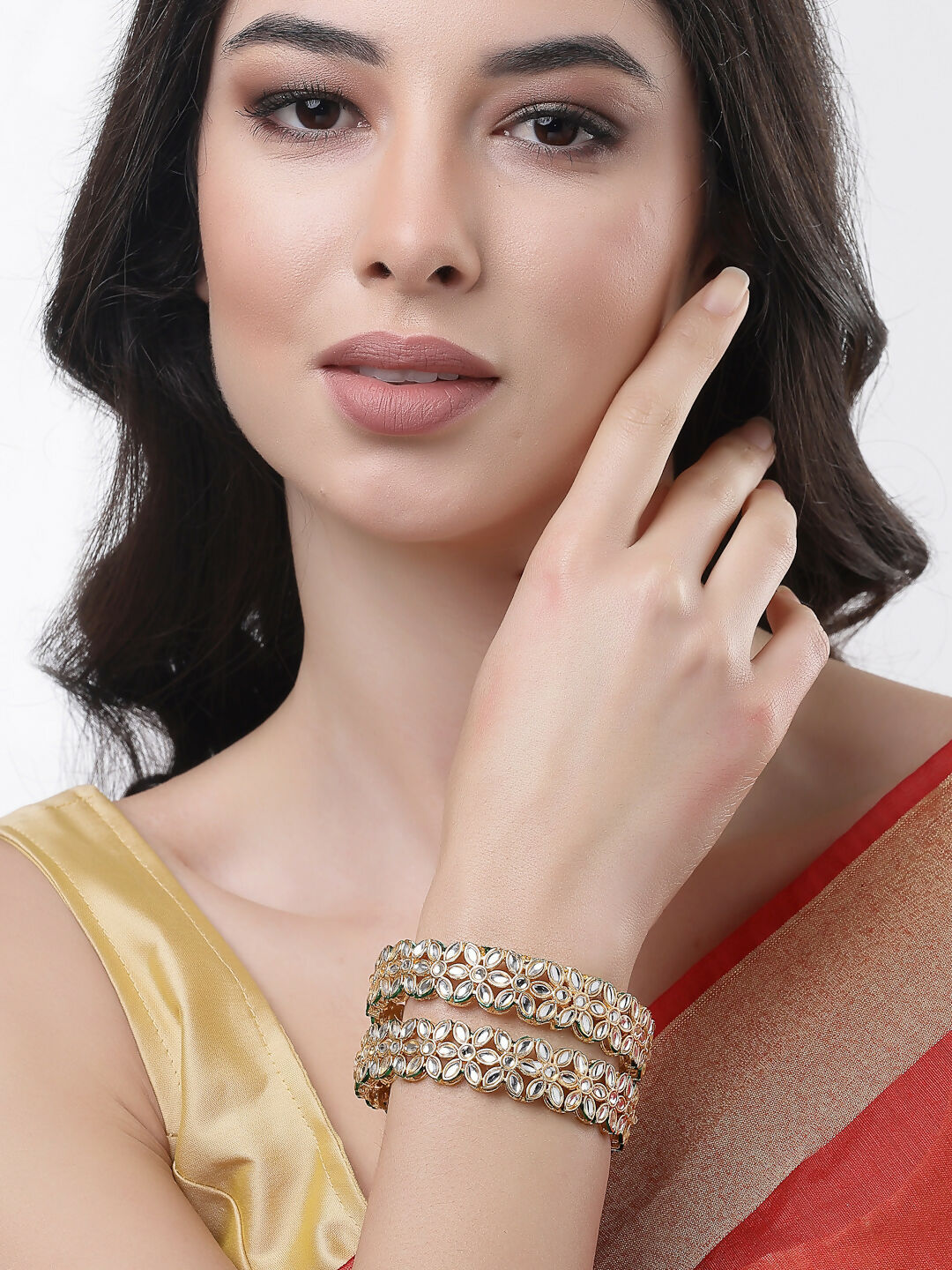 NVR Women Set of 2 Gold-Polished Kundan Studded Bangles