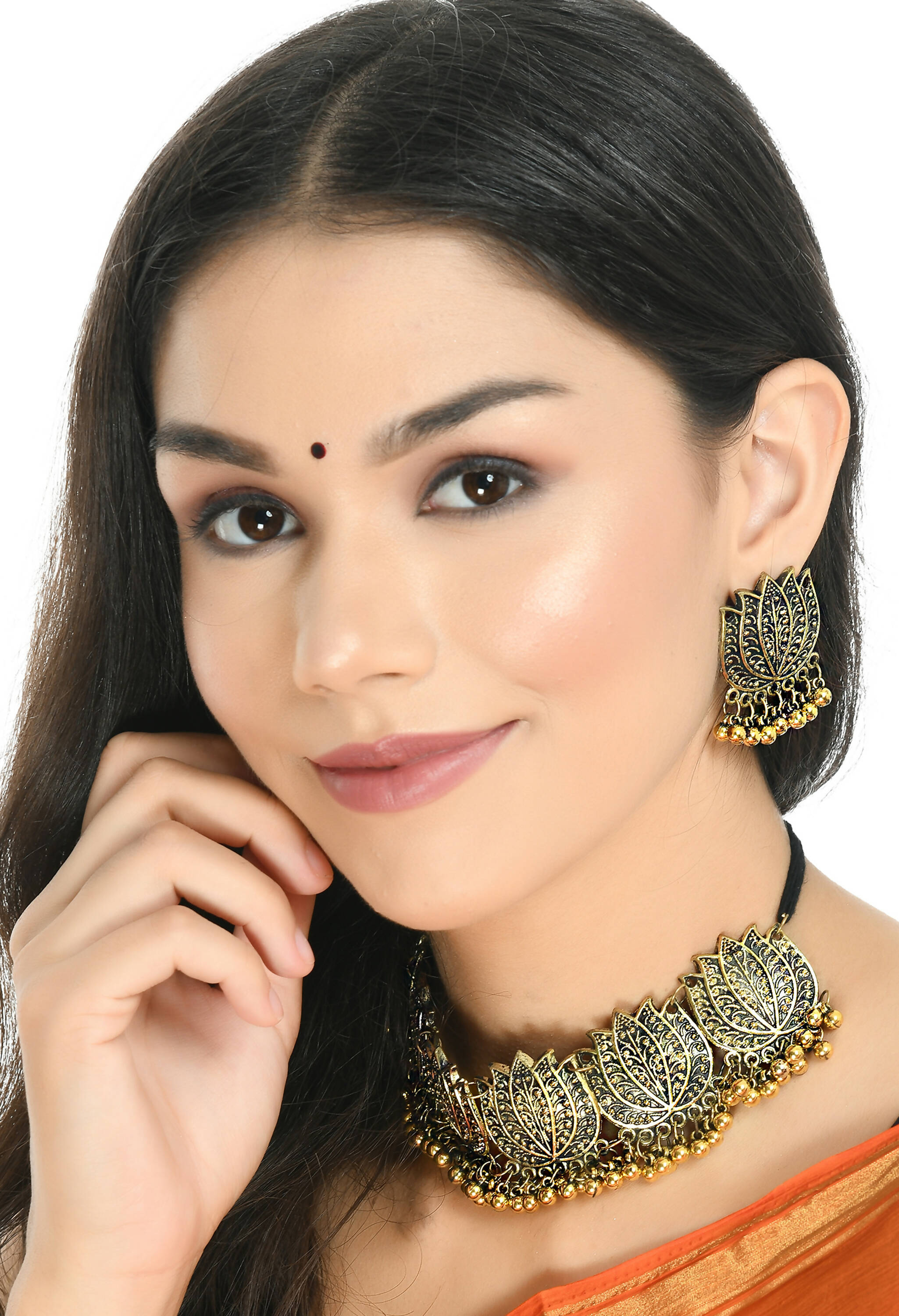 Mominos Fashion Johar Kamal Gold-Polished Brass Finish Lotus Design Choker For Women | Grab2Buy