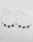 VOJ Set of 2 Silver Plated Peacock Printed HandCrafted Anklet