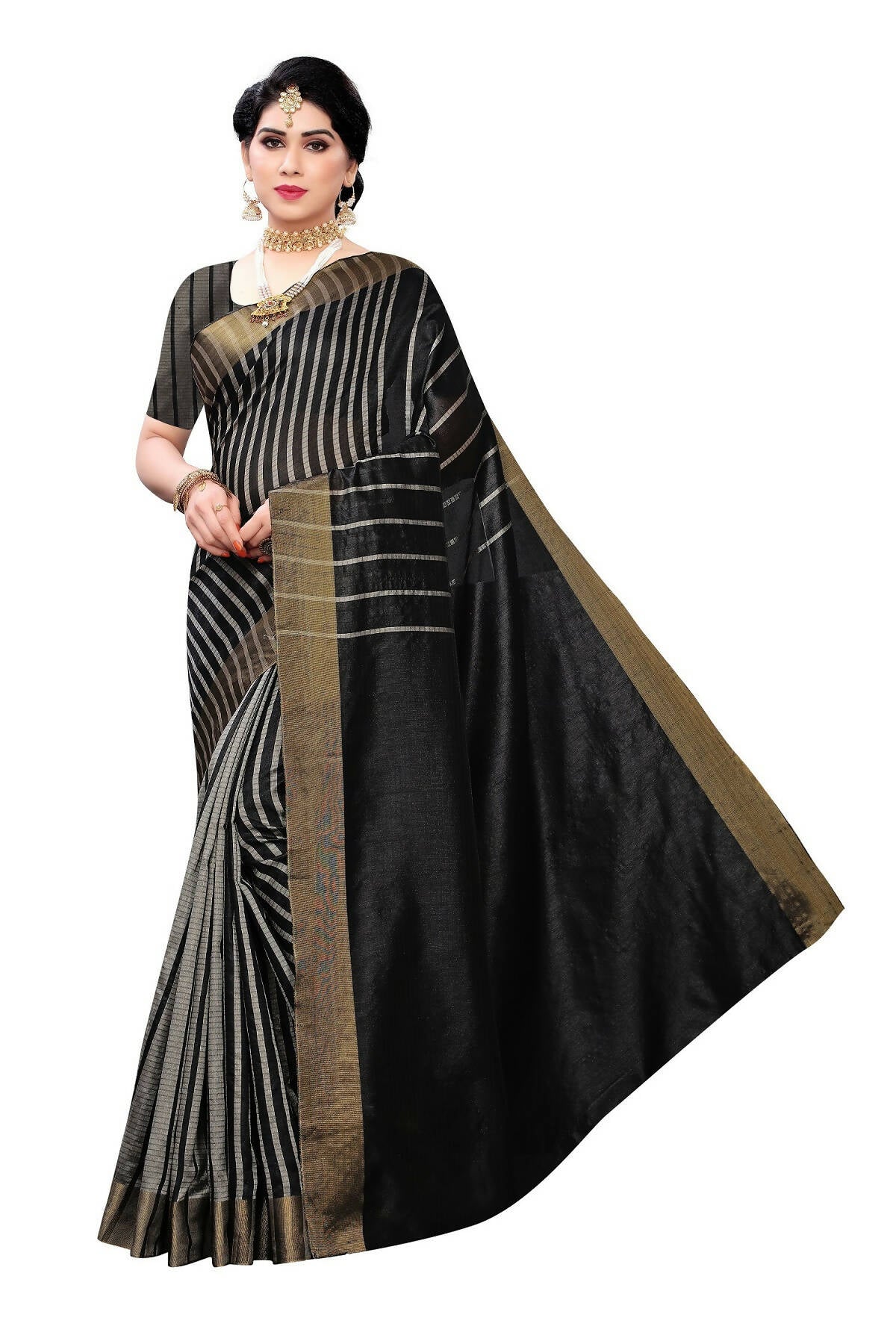 Vamika Black and White Lines Cotton Silk Weaving Saree (Paithani Black) | Grab2Buy