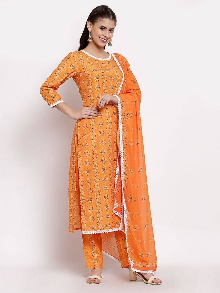 Myshka Women's Orange Cotton Printed 3/4 Sleeve Round Neck Casual Kurta Pant Dupatta Set | Grab2Buy