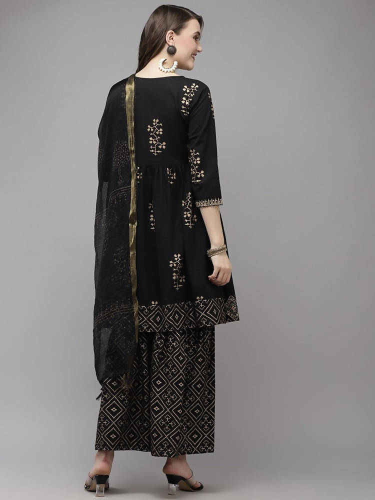 Yufta Women Black Printed Kurta with Sharara & With Dupatta | Grab2Buy