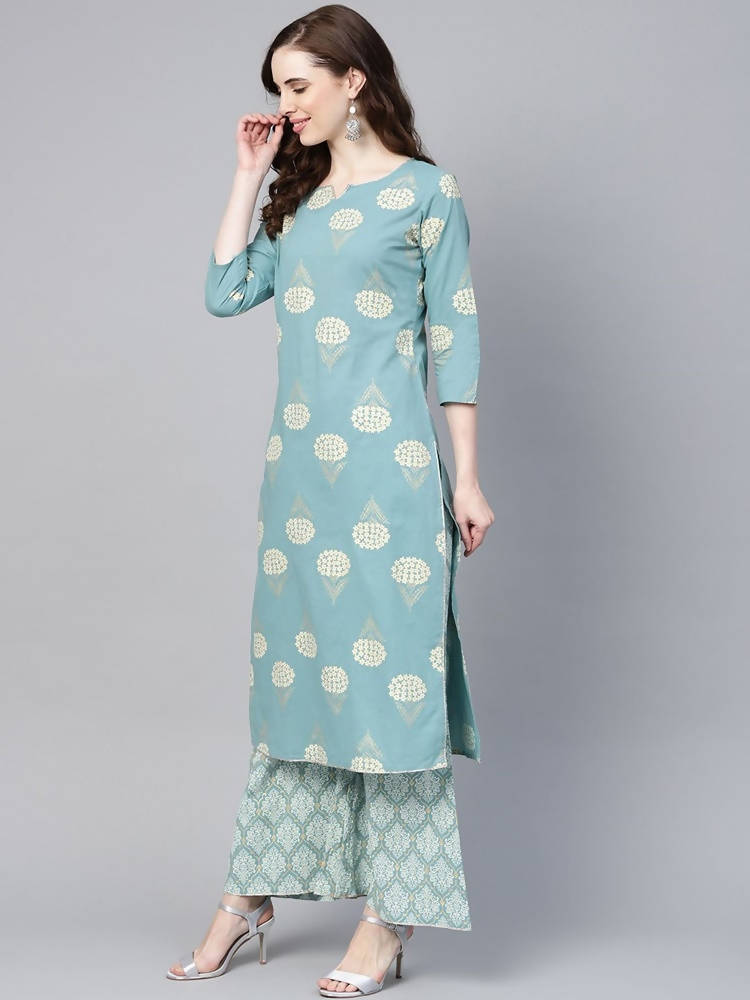 Yufta Women Blue & Off-White Printed Kurta with Palazzo | Grab2Buy
