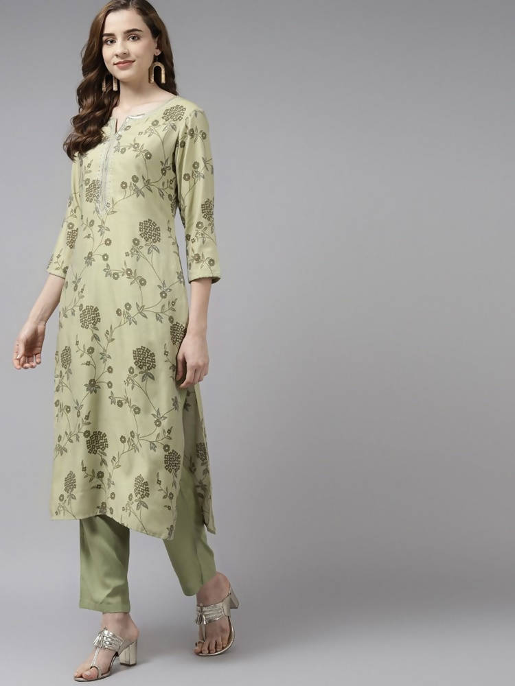 Yufta Women Olive Green Floral Printed Sequined Pure Silk Kurta with Palazzo and Dupatta | Grab2Buy