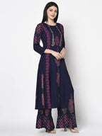 Aniyah Rayon Navy Blue Color Block Print A-line Flared Long Kurta Palazzo Set with Two Front Slits (AN-214K) | Grab2Buy