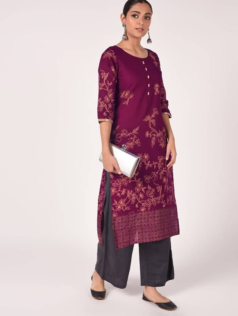 Cheera Hand Block Print Purple Color Straight Kurta | Grab2Buy