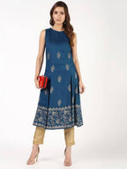 Aniyah Rayon Block Print Flared Blue Kurta (AN-149K) | Grab2Buy