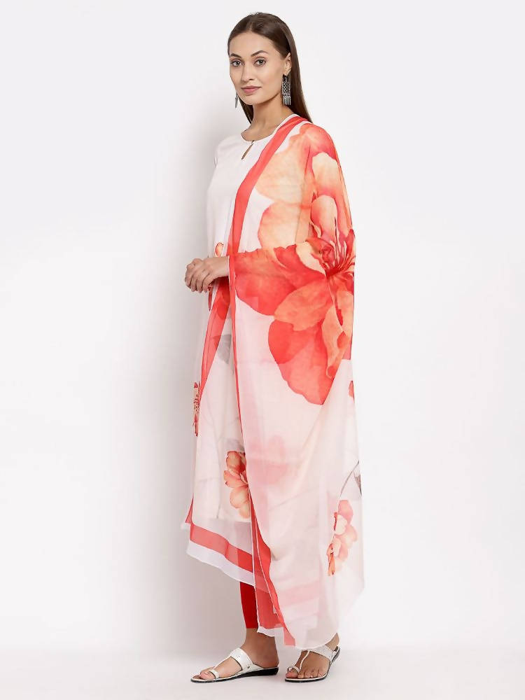 Myshka Women's White Printed Cotton Printed 3/4 Sleeve Round Neck Casual Kurta Pant Dupatta Set | Grab2Buy