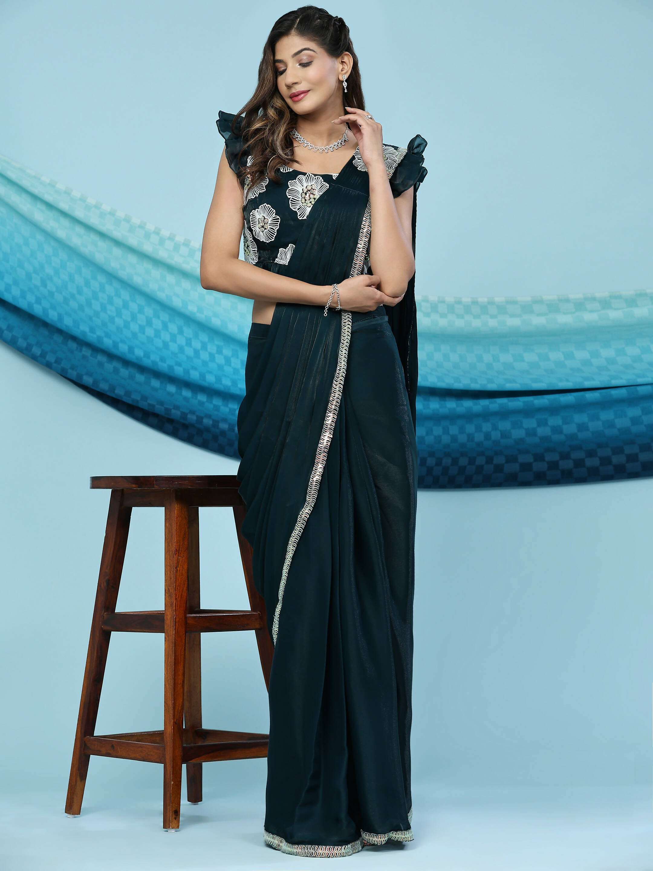 Green Silk Satin Sequence Work Ready to Wear Saree with stitched Blouse - Nirvana | Grab2Buy