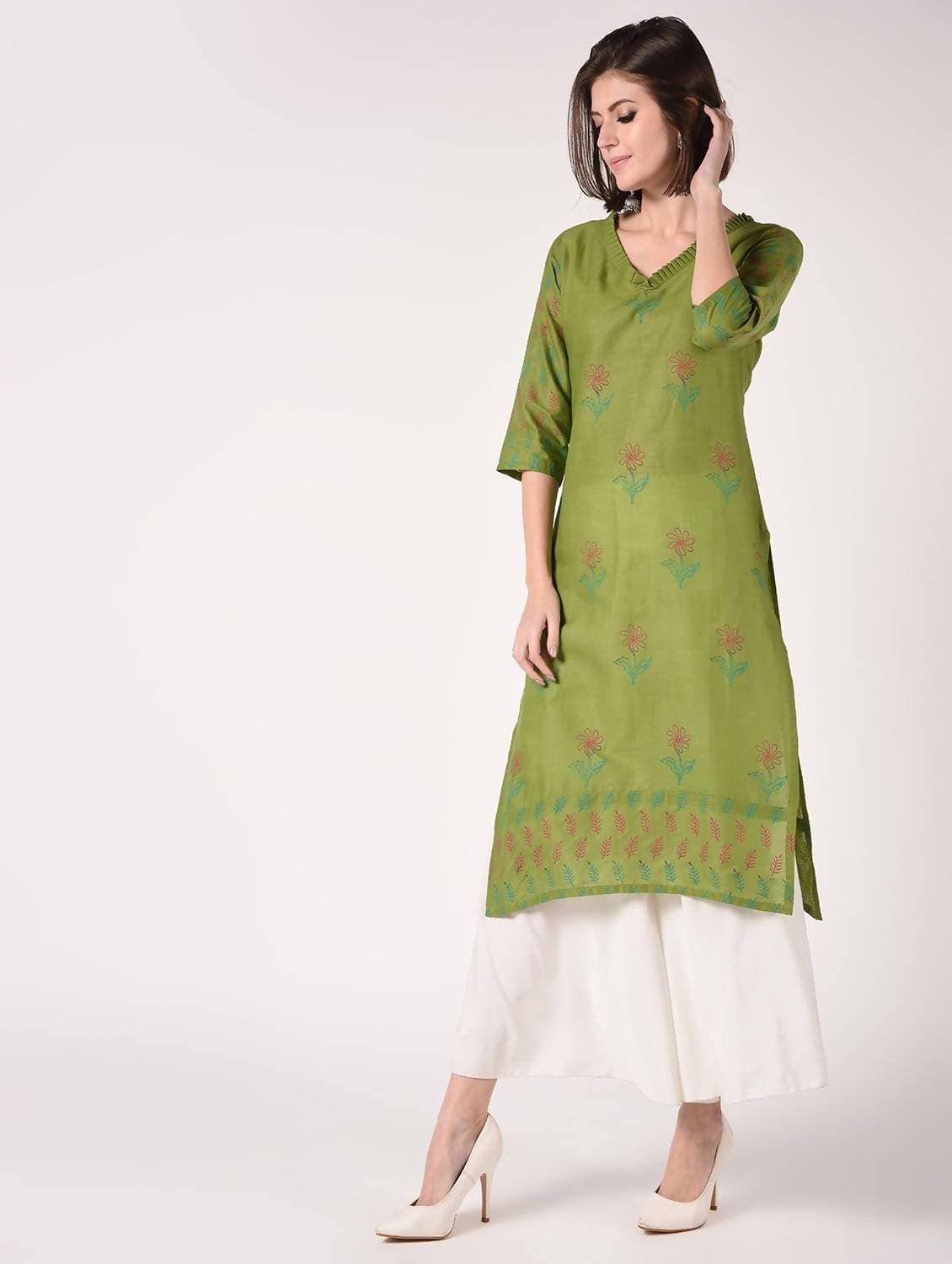 Cheera Hand Block Print Olive green Latest Straight Kurta | Grab2Buy