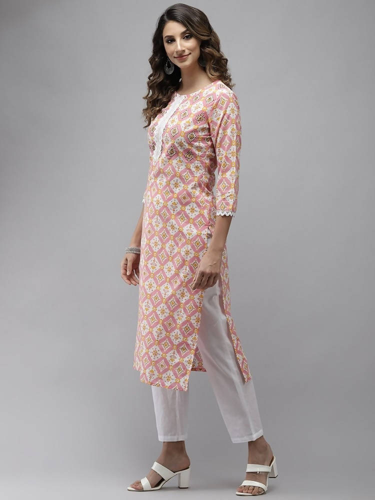 Yufta Women Peach And White Kurta with Trouser Set | Grab2Buy
