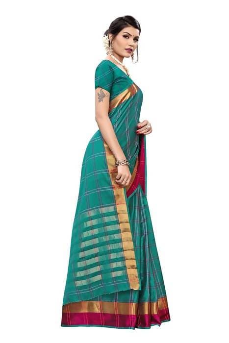 Vamika Rama Cotton Silk Weaving Saree (Rimi Checks Rama) | Grab2Buy