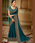 Blue Vichitra Stone Work Saree With Unstitched Blouse Piece - Rosy | Grab2Buy