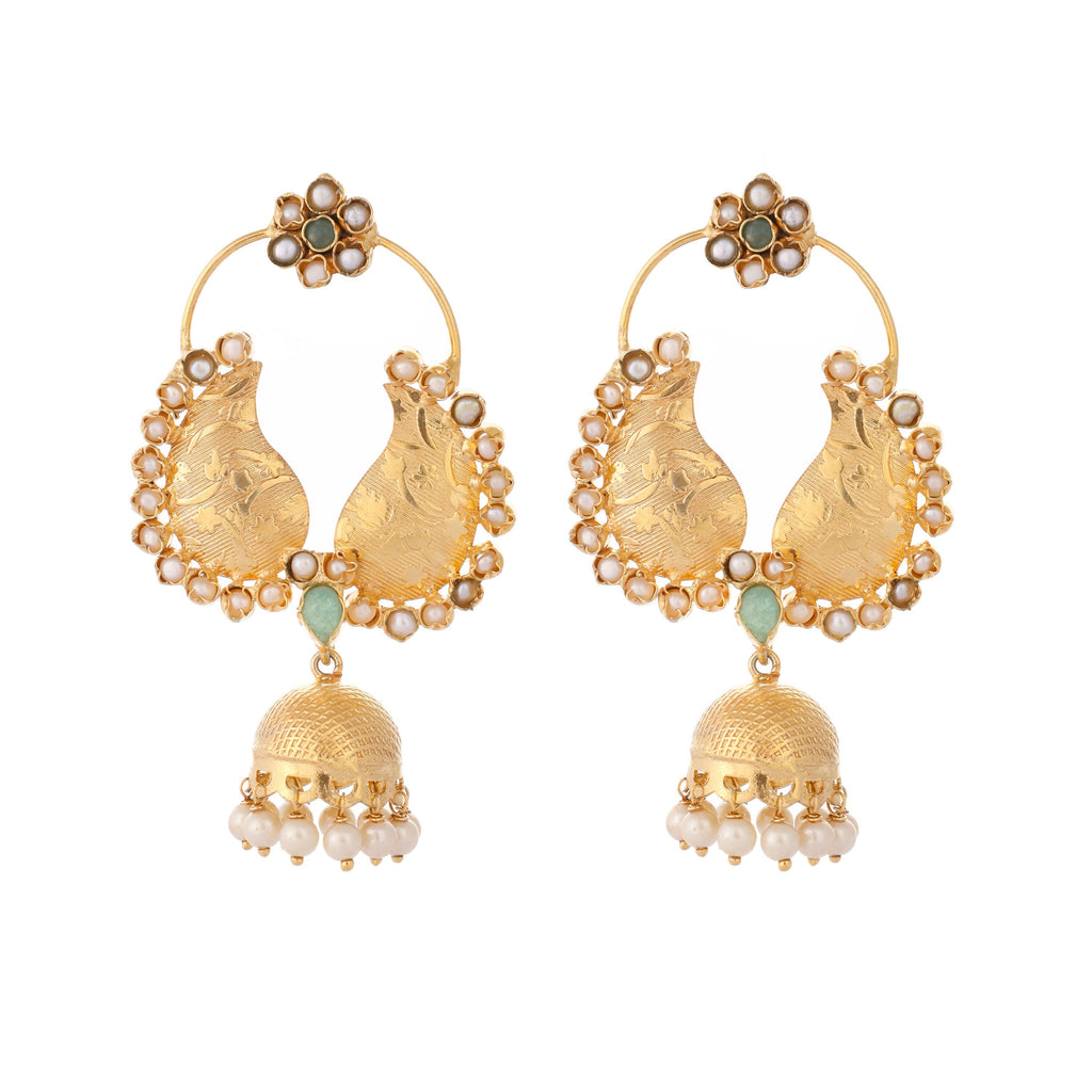 Nuyug 22K Gold Plated Pearls Studded Contemporary Shaped Mini Jhumki Drop Dangler Earrings | Grab2Buy