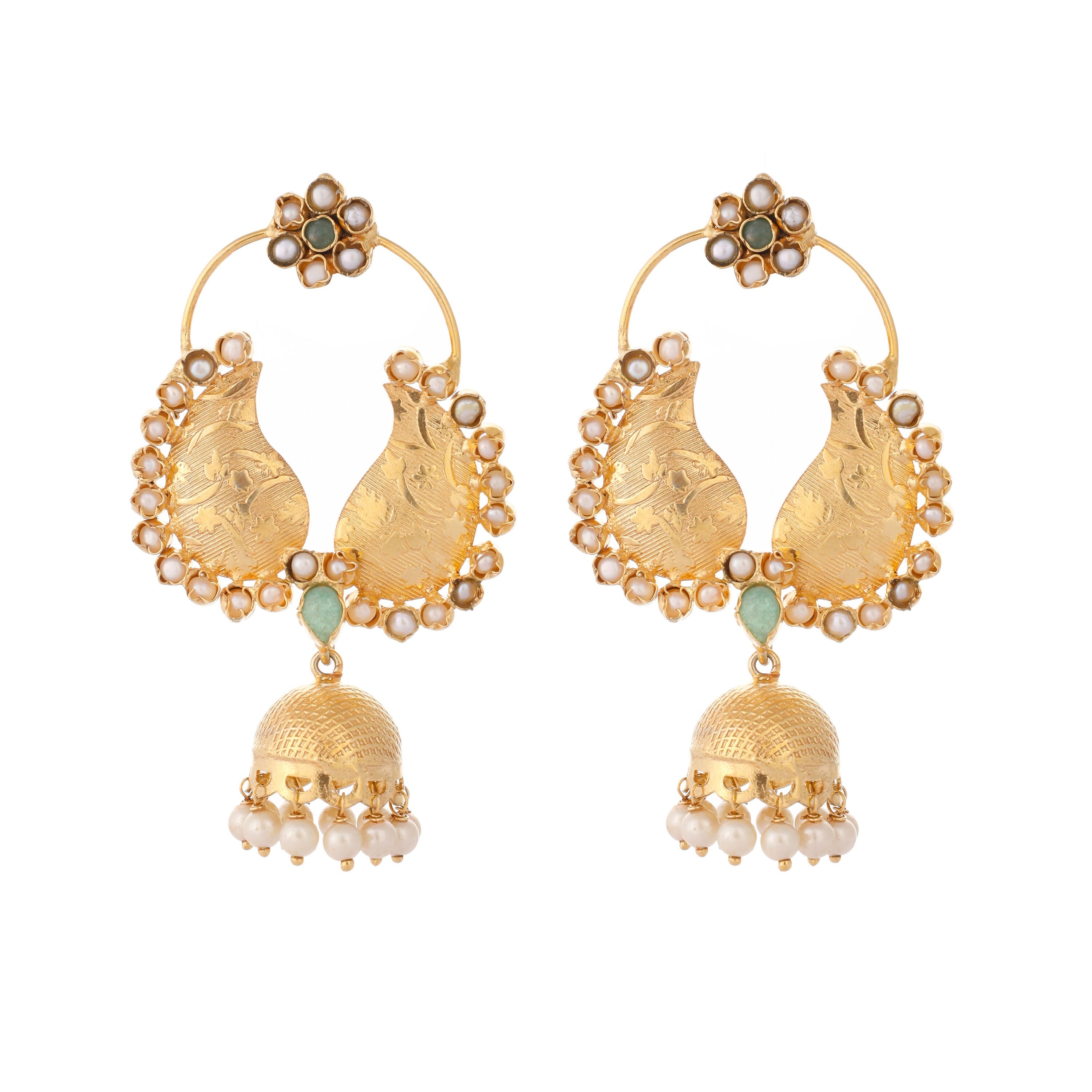 Nuyug 22K Gold Plated Pearls Studded Contemporary Shaped Mini Jhumki Drop Dangler Earrings | Grab2Buy