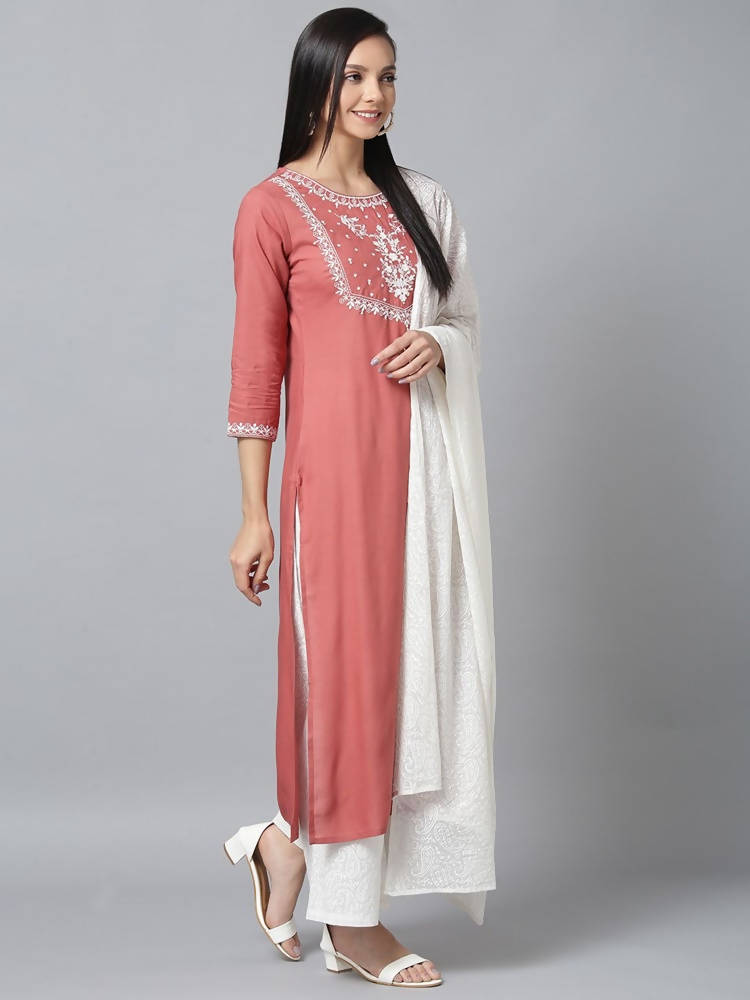 Yufta Women Pink & White Yoke Design Kurta with Palazzo & Dupatta | Grab2Buy