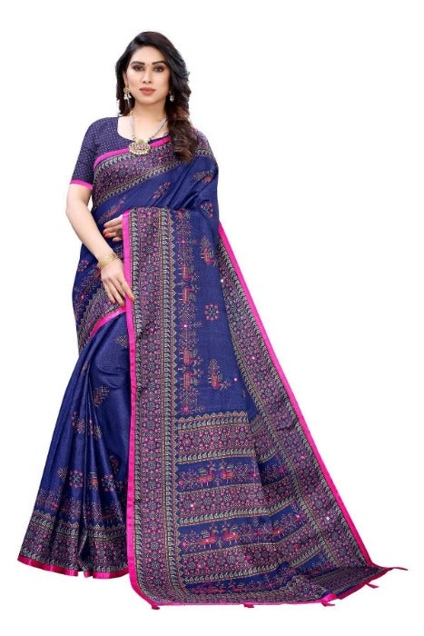Vamika Navy Mirror Work With Jhalar Khadi Silk Saree (AASHI NAVY) | Grab2Buy
