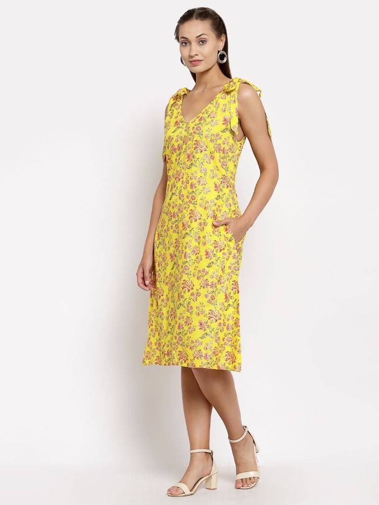 Myshka Women's Yellow Cotton Printed Sleeveless V Neck Casual Dress | Grab2Buy