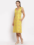 Myshka Women's Yellow Cotton Printed Sleeveless V Neck Casual Dress | Grab2Buy