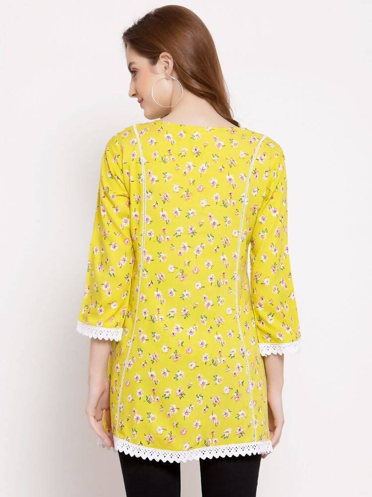 Myshka Women's Yellow Cotton 3/4 Sleeve Round Neck Printed Casual Tunic | Grab2Buy