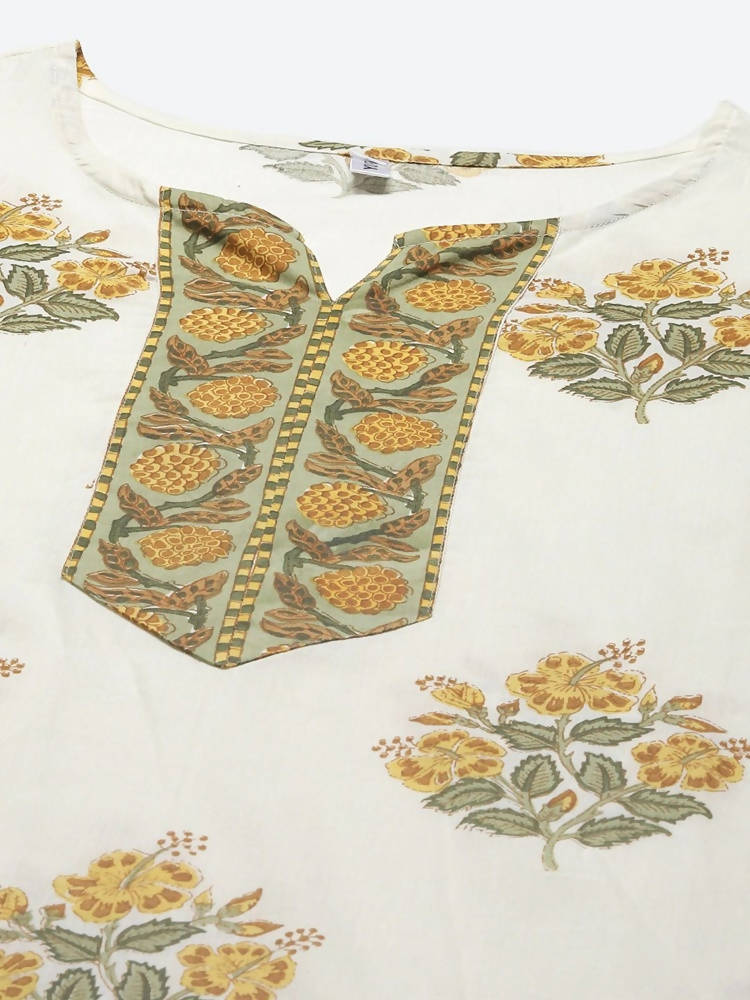 Yufta White yellow Floral Print kurta with Trouser & Dupatta set | Grab2Buy