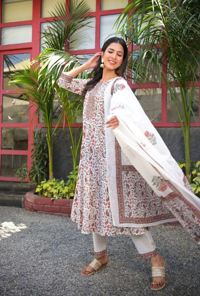 Yufta Women White Paisley Printed Regular Sequinned Pure Cotton Kurta with Palazzo & With Dupatta | Grab2Buy