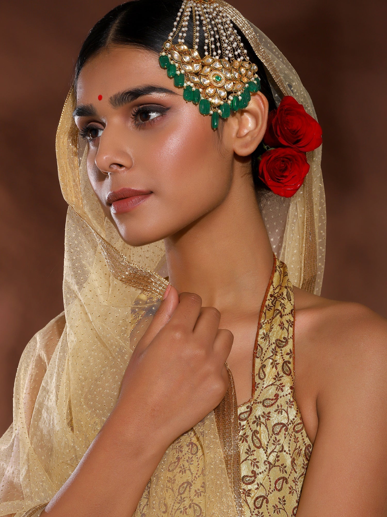 Gold-Polished Green White Kundan Studded Jhoomar Passa - Ruby Raang | Grab2Buy