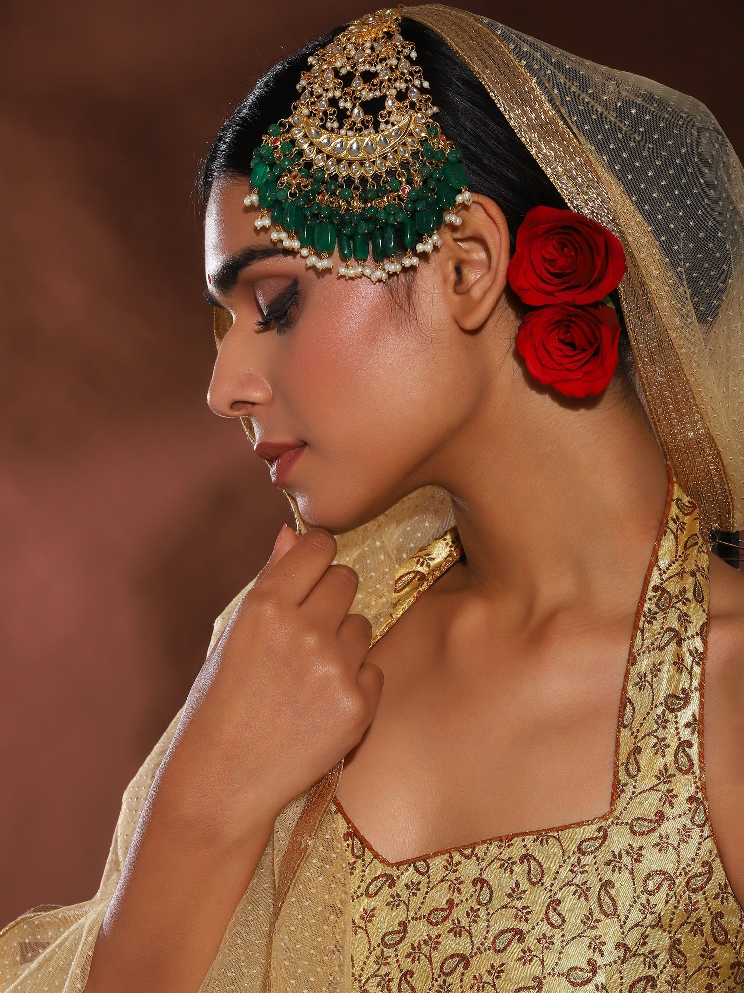 Gold-Polished Green White Kundan-Studded Jhumar Passa - Ruby Raang | Grab2Buy