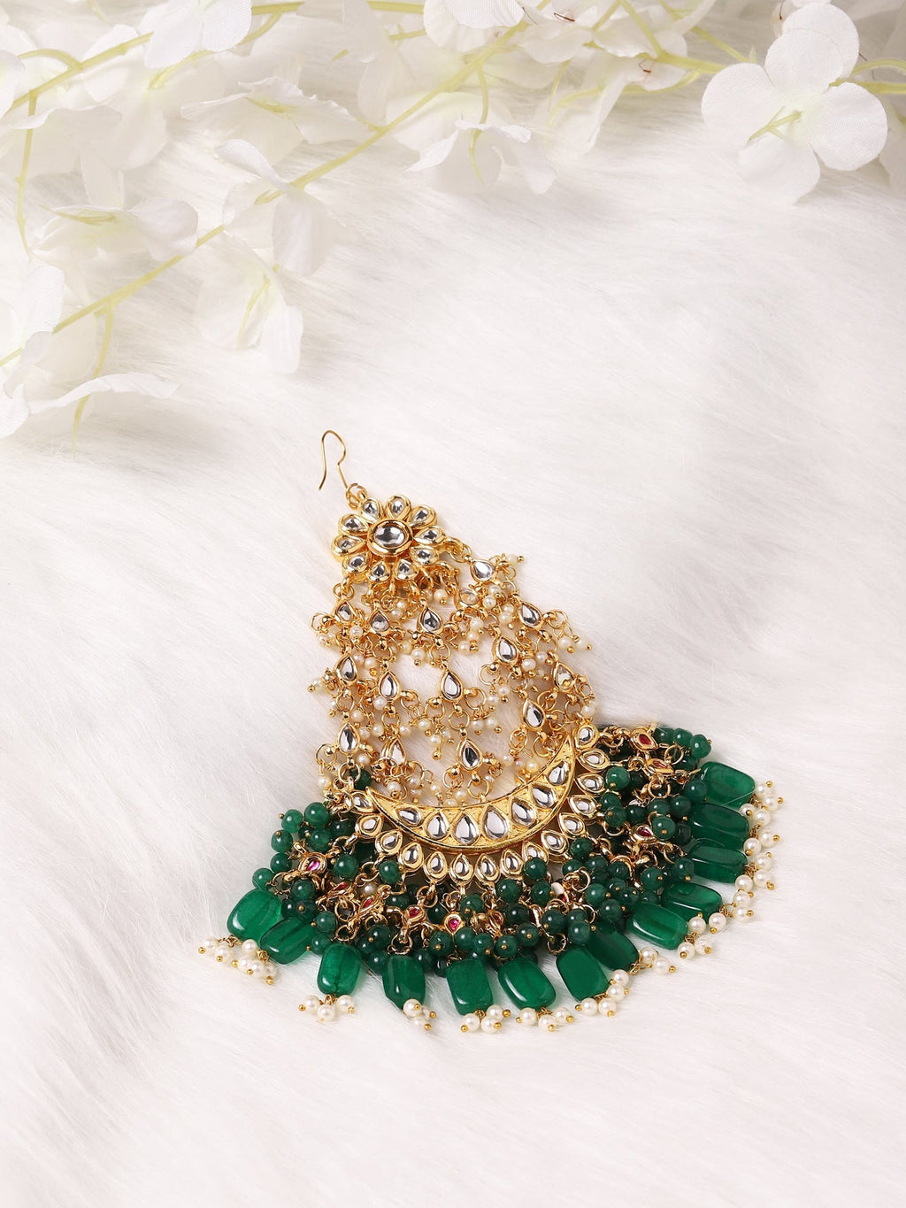 Gold-Polished Green White Kundan-Studded Jhumar Passa - Ruby Raang | Grab2Buy