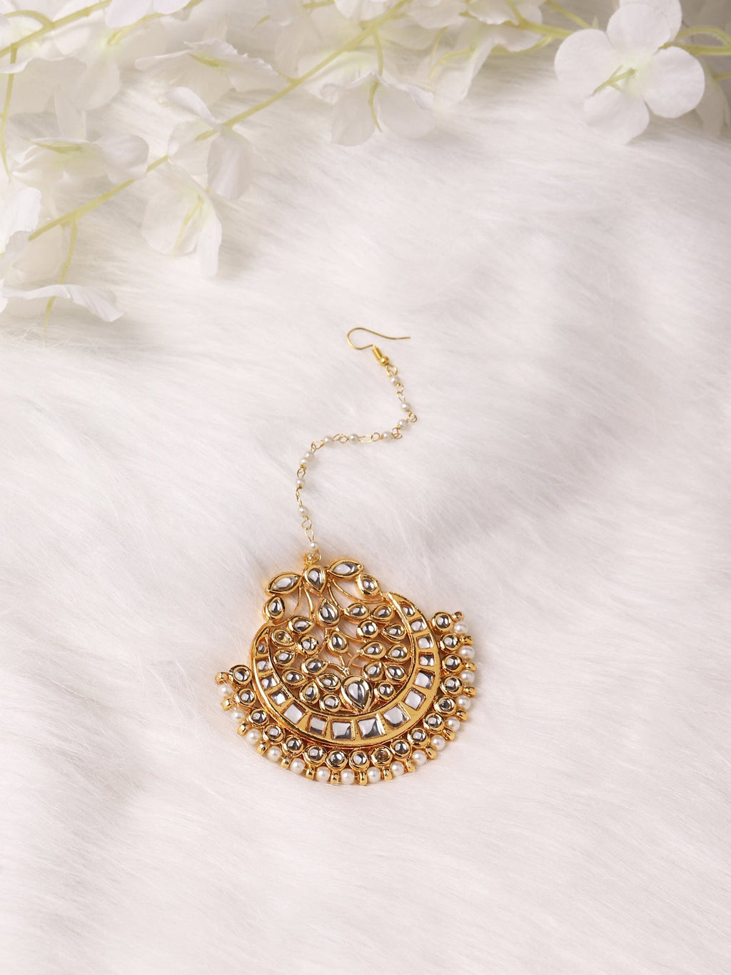 Gold-Polished White Kundan-Studded Maang Tikka - Ruby Raang | Grab2Buy