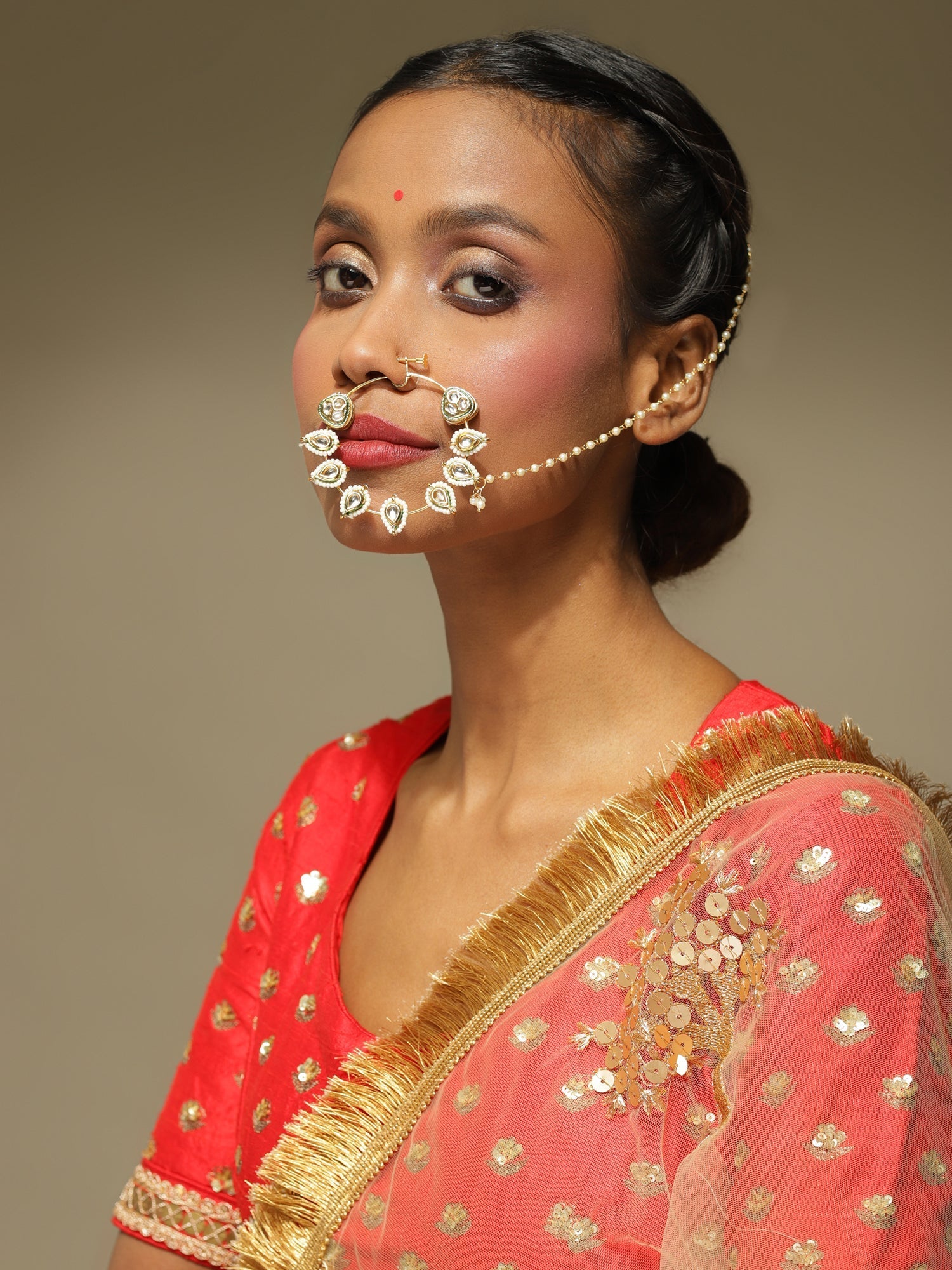 White Gold-Toned Plated Kundan Vilandi Chained Nose Ring - Ruby Raang | Grab2Buy