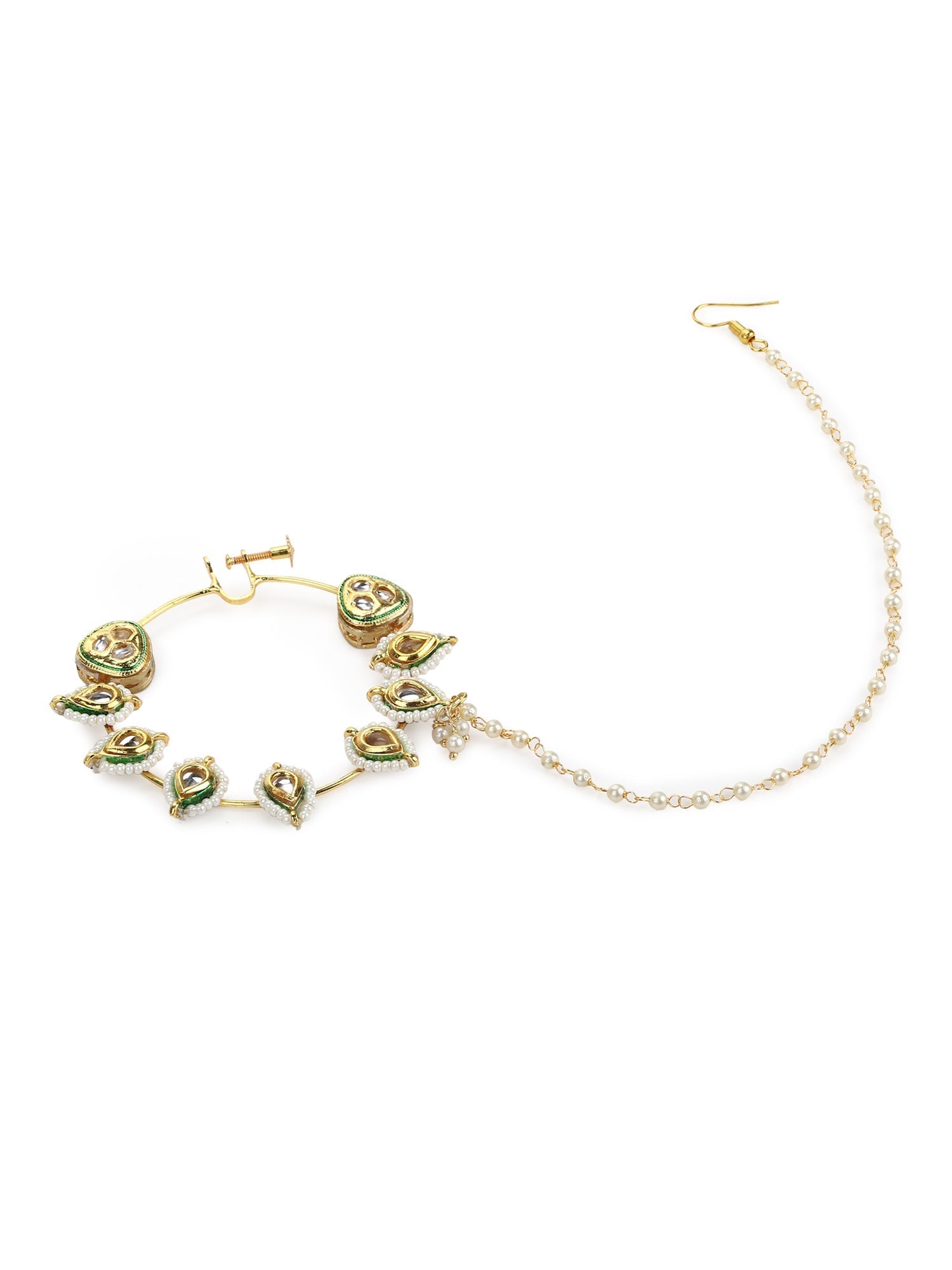 White Gold-Toned Plated Kundan Vilandi Chained Nose Ring - Ruby Raang | Grab2Buy