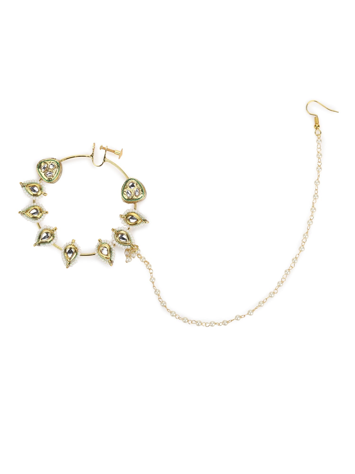 White Gold-Toned Plated Kundan Vilandi Chained Nose Ring - Ruby Raang | Grab2Buy