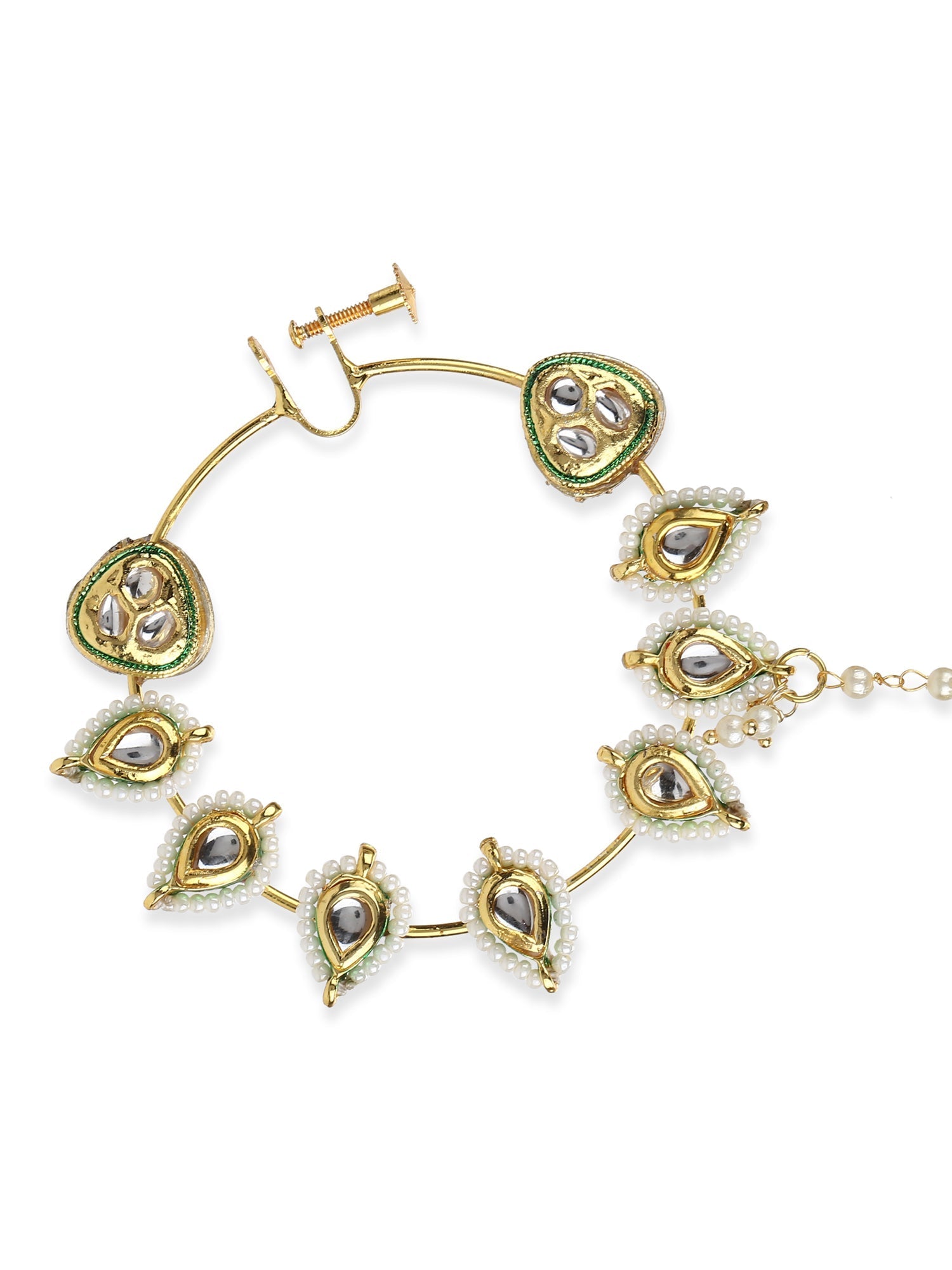 White Gold-Toned Plated Kundan Vilandi Chained Nose Ring - Ruby Raang | Grab2Buy