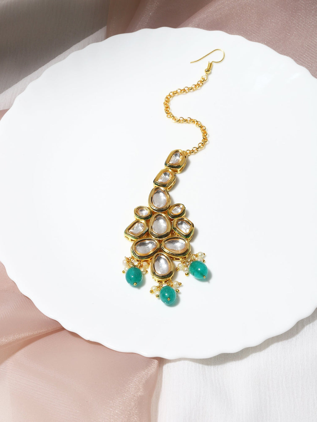 Gold-Polished Green White Kundan-Studded Maang Tikka - Ruby Raang | Grab2Buy