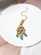 Gold-Polished Green White Kundan-Studded Maang Tikka - Ruby Raang | Grab2Buy