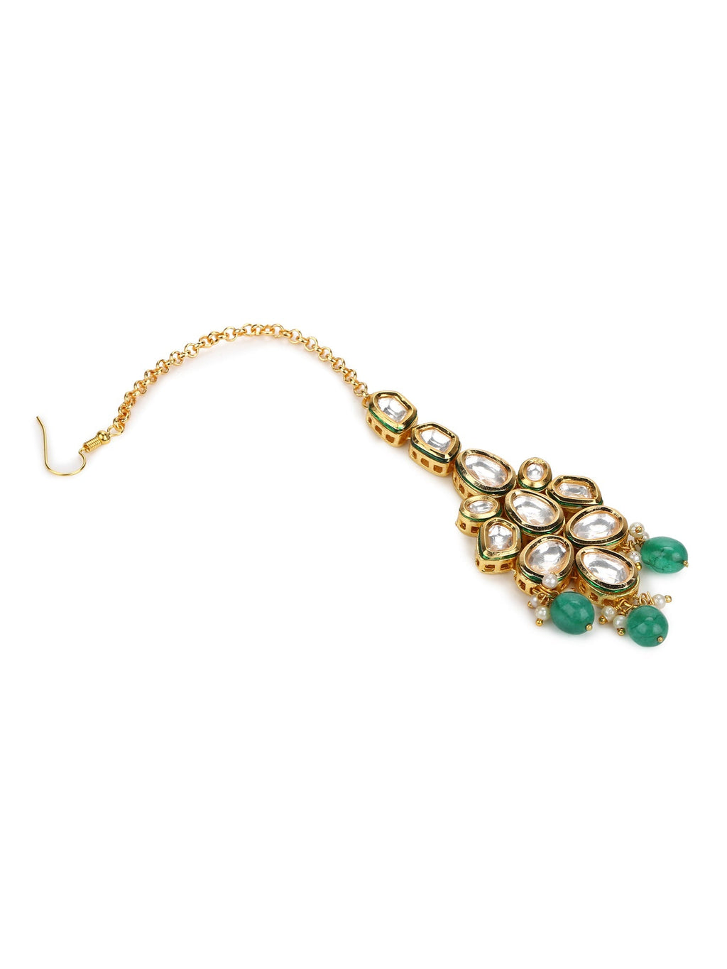 Gold-Polished Green White Kundan-Studded Maang Tikka - Ruby Raang | Grab2Buy