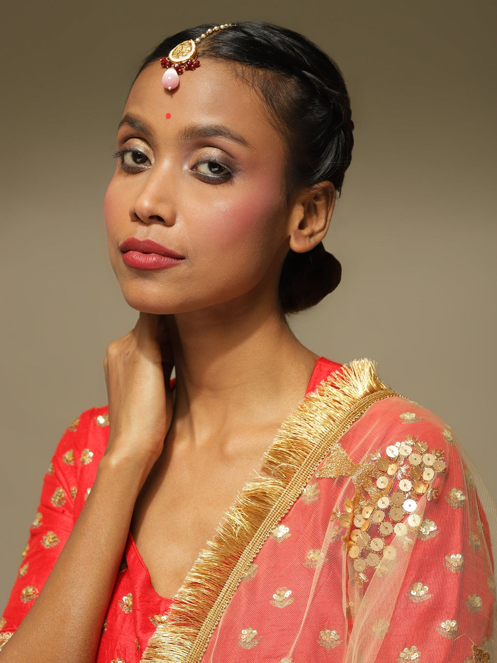 Pink Gold-Polished Kundan Studded Maang Tikka - Ruby Raang | Grab2Buy