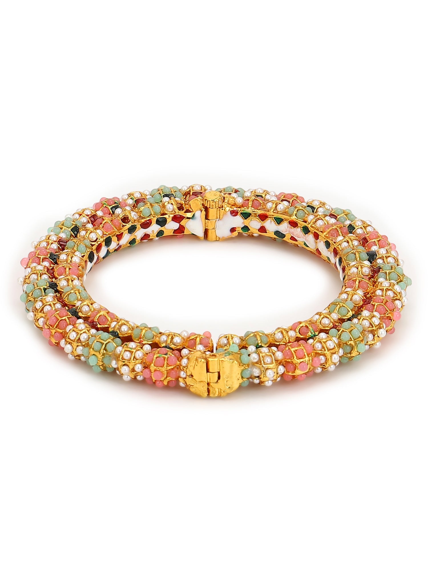 Gold-Polished Green Stone-Studded Beaded Meenakari Bangle - Ruby Raang | Grab2Buy