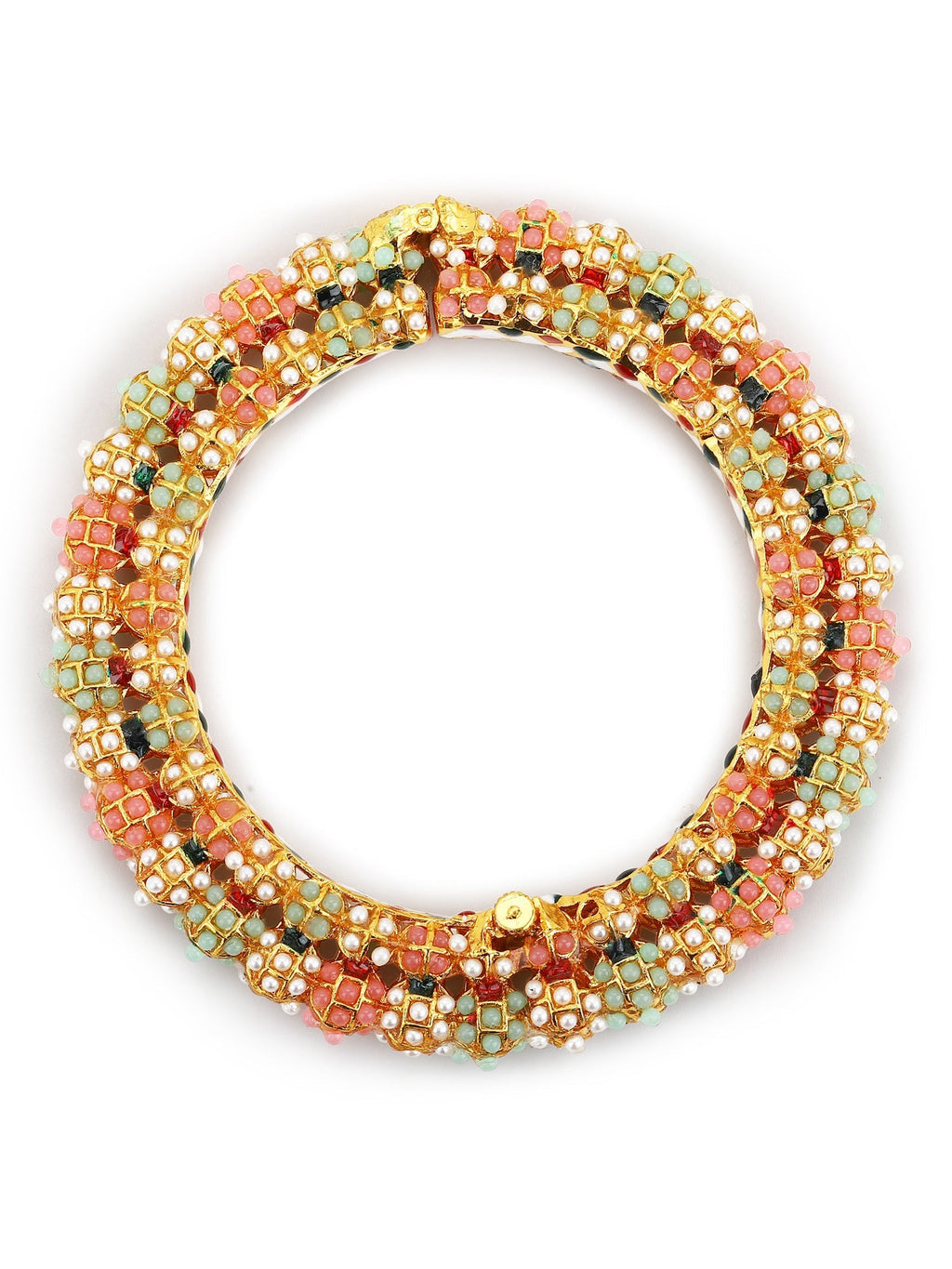 Gold-Polished Green Stone-Studded Beaded Meenakari Bangle - Ruby Raang | Grab2Buy
