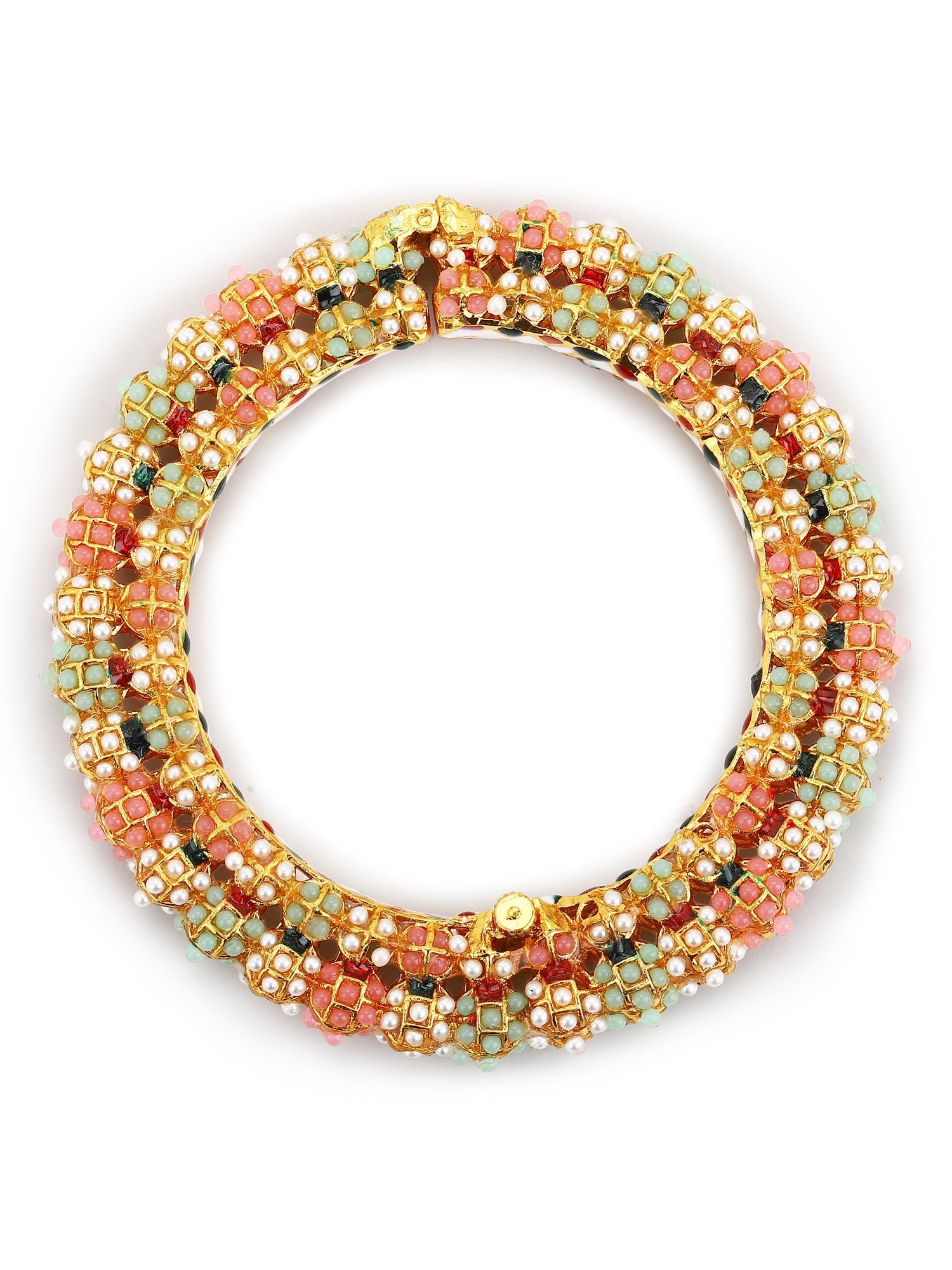 Gold-Polished Green Stone-Studded Beaded Meenakari Bangle - Ruby Raang | Grab2Buy