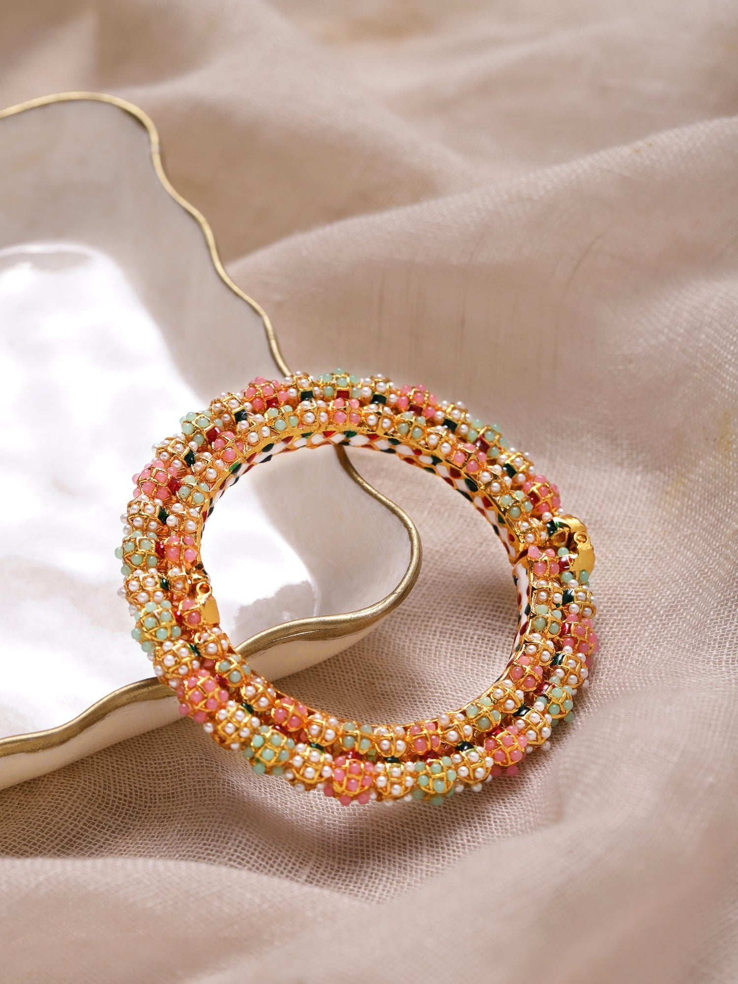 Gold-Polished Green Stone-Studded Beaded Meenakari Bangle - Ruby Raang | Grab2Buy