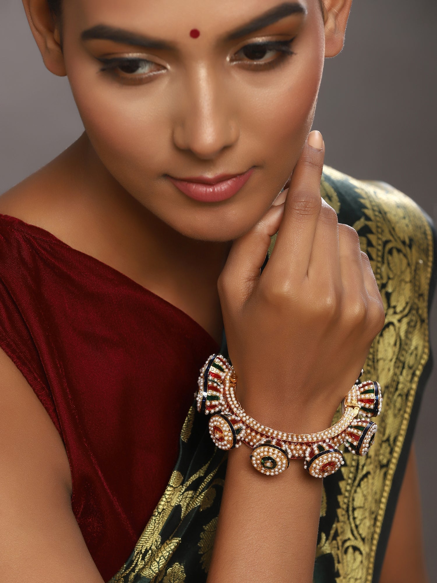 Gold-Polished White Green Stone Studded Meenakari Bangle - Ruby Raang | Grab2Buy