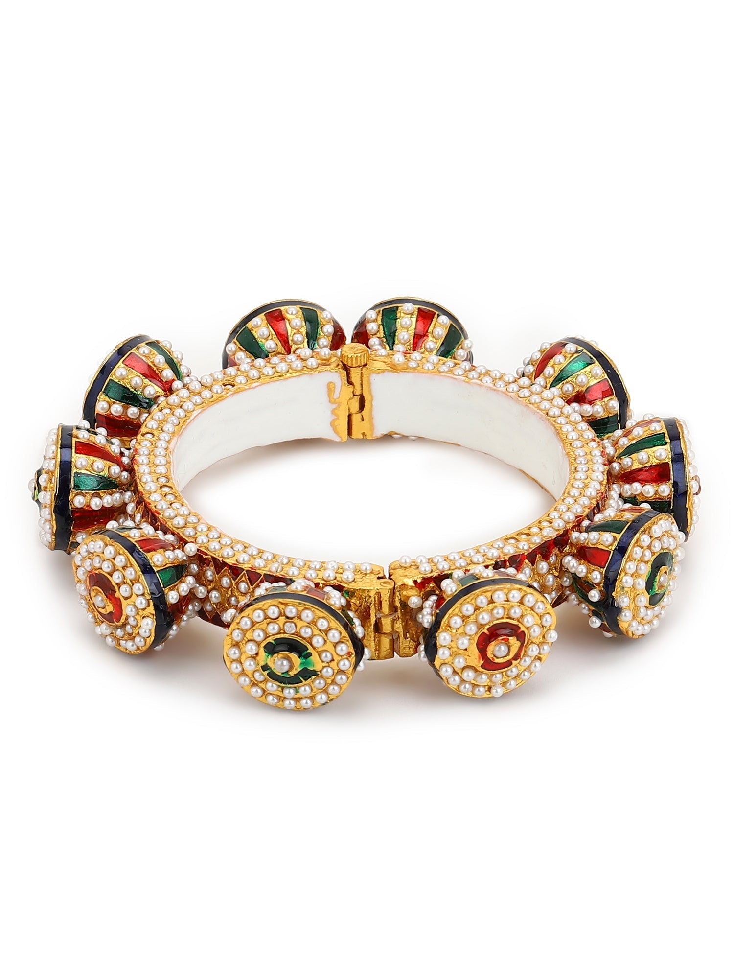 Gold-Polished White Green Stone Studded Meenakari Bangle - Ruby Raang | Grab2Buy
